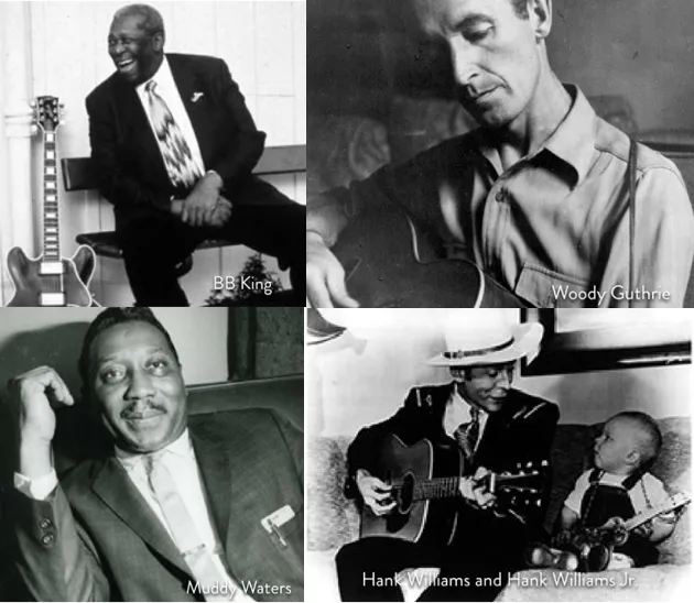 Four black-and-white photos: BB King smiling beside a guitar, Woody Guthrie playing guitar, Muddy Waters reclining and smiling, and Hank Williams playing guitar next to a child, identified as Hank Williams Jr.