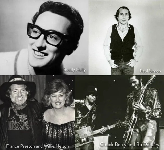 A collage of four black and white photos: Buddy Holly smiling in glasses, Paul Simon standing with hands in pockets, France Preston with Willie Nelson, and Chuck Berry playing guitar beside Bo Diddley on stage.