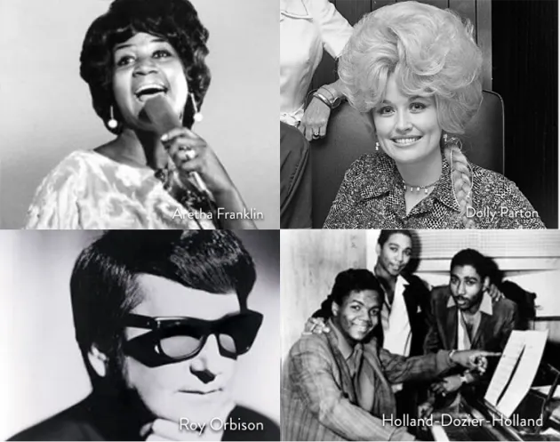 A collage of four black-and-white photos: Aretha Franklin singing, Dolly Parton smiling with voluminous hair, Roy Orbison in dark sunglasses, and the songwriting trio Holland-Dozier-Holland at a piano.