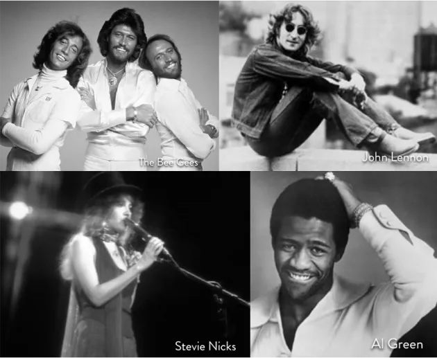 A collage of four black-and-white photos featuring The Bee Gees posing together, John Lennon sitting casually, Stevie Nicks singing on stage, and Al Green smiling with his hand on his head.