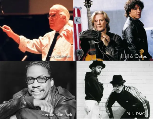 A collage of four images featuring Jerry Goldsmith conducting, Hall & Oates with a guitar, Herbie Hancock smiling with glasses, and RUN-DMC posing in hats and sunglasses against a white brick wall.