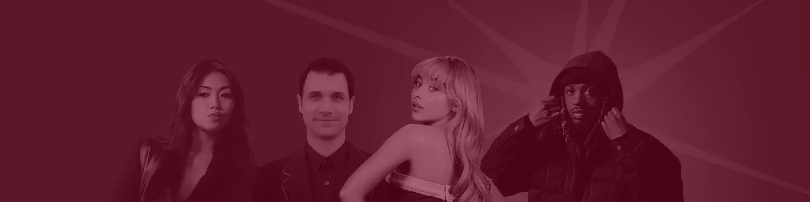 Four people posed against a solid dark red background.